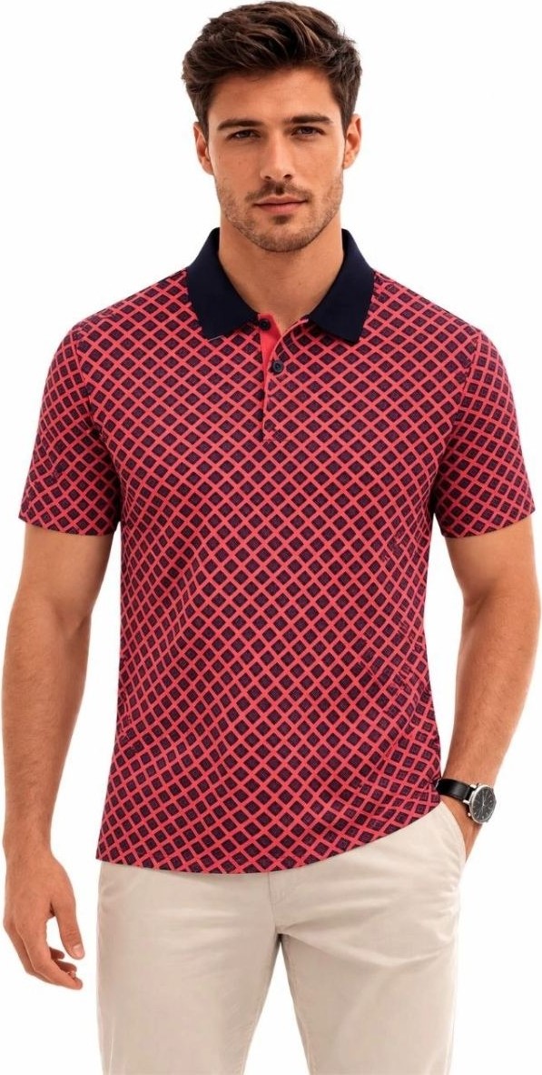 Fantastik Store Erkek Pike Kumaş Polo Yaka Desenli Tişört Kısa Kol Yazlık T-Shirt - Kırmızı görsel 2