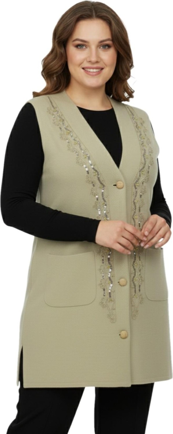Kırmızıoğlu Triko Kadın Bej Rengi Pullu Anne Yelek NIL-1526 görsel 3
