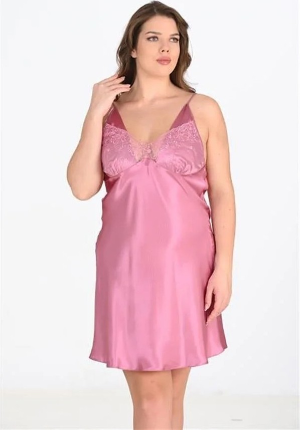 Ang Butik Premium Büyük Beden Saten Dantel Işlemeli Gül Kurusu 2'li Gecelik Sabahlık Takımı Bigsize görsel 2