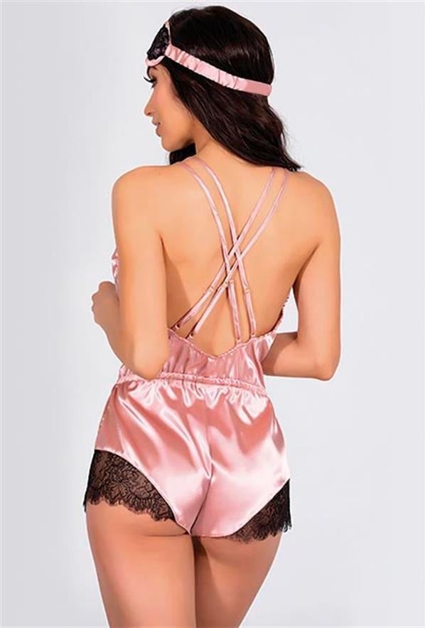 Aria's Closet Arias Closet Pembe Dantelli Sırtı Çapraz Saten Şort Tulum görsel 3