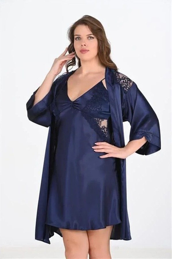 Ang Butik Premium Büyük Beden Saten Dantel Işlemeli Lacivert 2'li Gecelik Sabahlık Takımı Bigsize