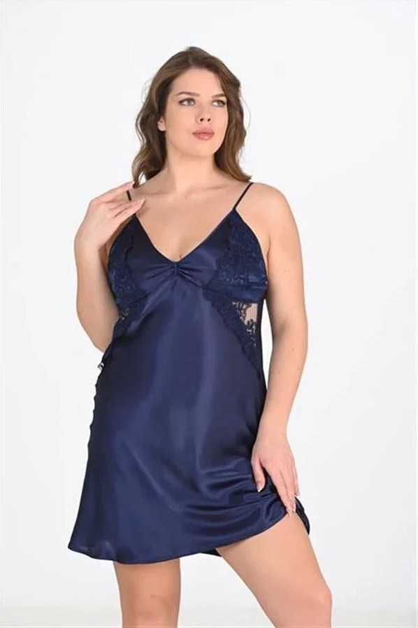 Ang Butik Premium Büyük Beden Saten Dantel Işlemeli Lacivert 2'li Gecelik Sabahlık Takımı Bigsize görsel 2