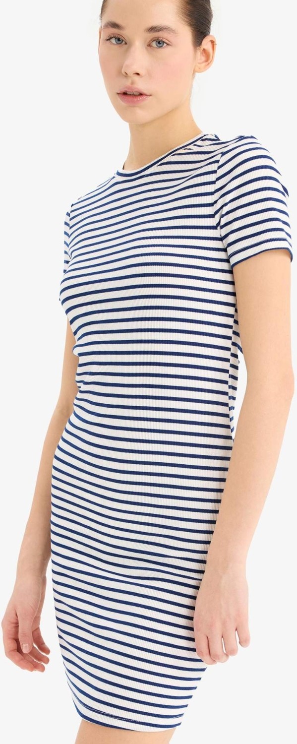 DeFacto Bodycon Vücudu Saran Bisiklet Yaka Çizgili Fitilli Kısa Kollu Mini Elbise C1733AX25SP görsel 2
