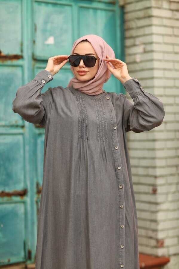 Neways 6508-DENIM Yandan Düğmeli Ferace Koyu Gri