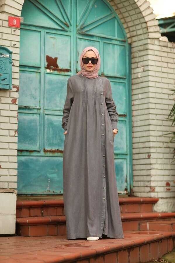 Neways 6508-DENIM Yandan Düğmeli Ferace Koyu Gri görsel 2
