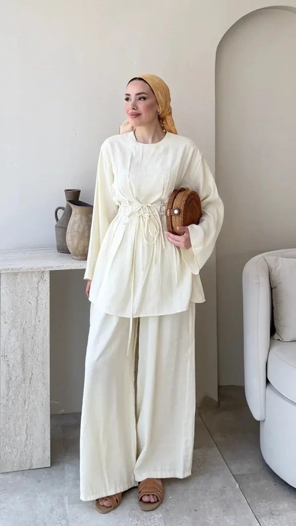 Miraydin Butik Kadın Modal Bel Bağlamalı Tunik Pantolon Takım M2672 - Sarı