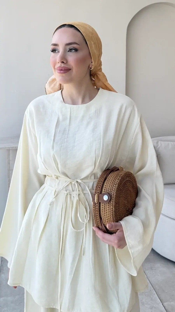 Miraydin Butik Kadın Modal Bel Bağlamalı Tunik Pantolon Takım M2672 - Sarı görsel 2