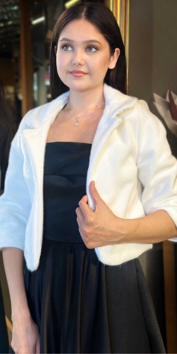 Abiyeniall Beyaz Tay Tüyü Kısa Bolero Abiye Ceket 6009