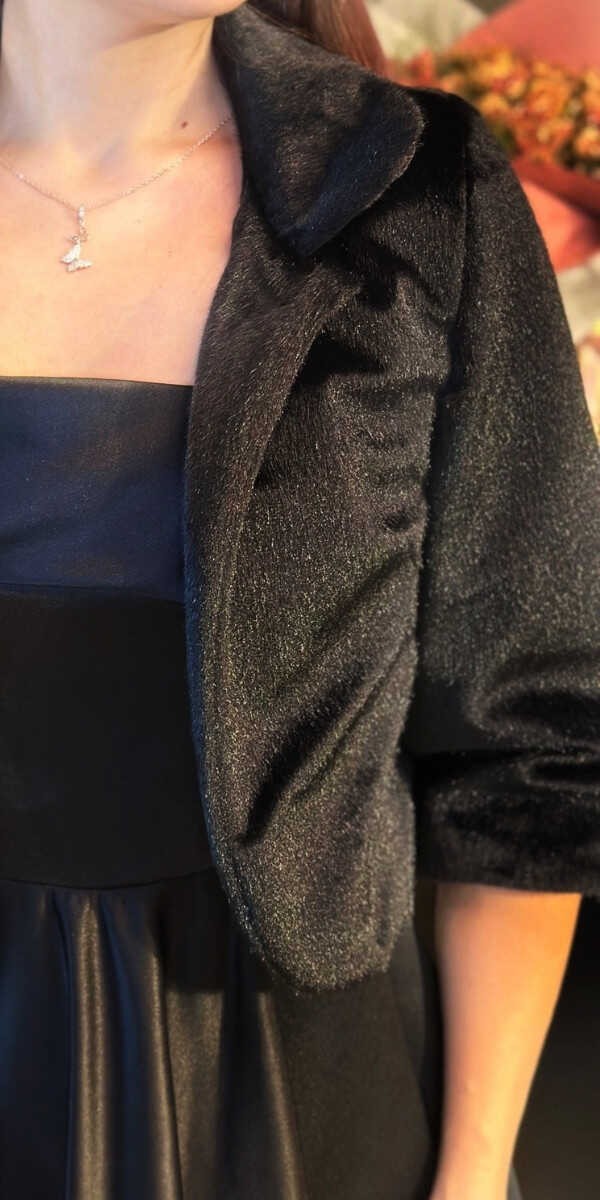 Abiyeniall Siyah Tay Tüyü Kısa Bolero Abiye Ceket 6009 görsel 2