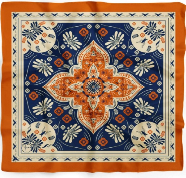 Dipol Butik Turuncu ve Lacivert Etnik Desenli Kare Saten Bandana Fular 50X50 cm görsel 8