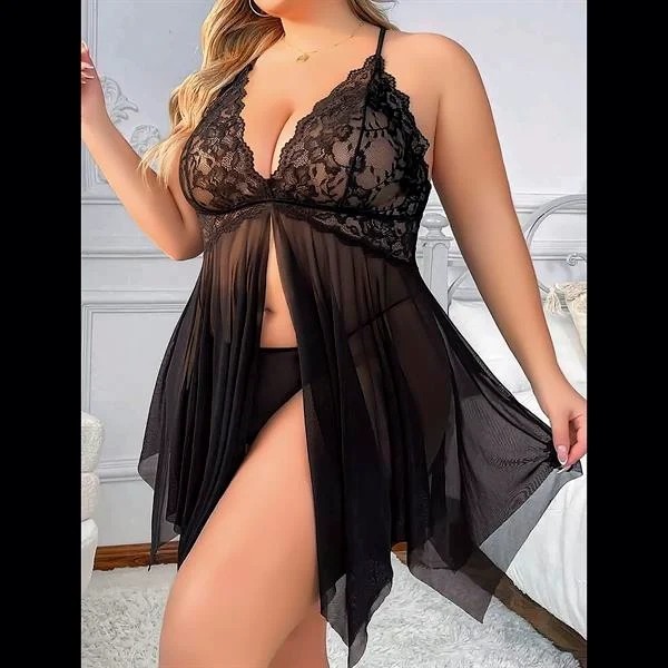 Aesco Arias Closet Siyah Tül Büyük Beden Transparan Fantezi Gecelik