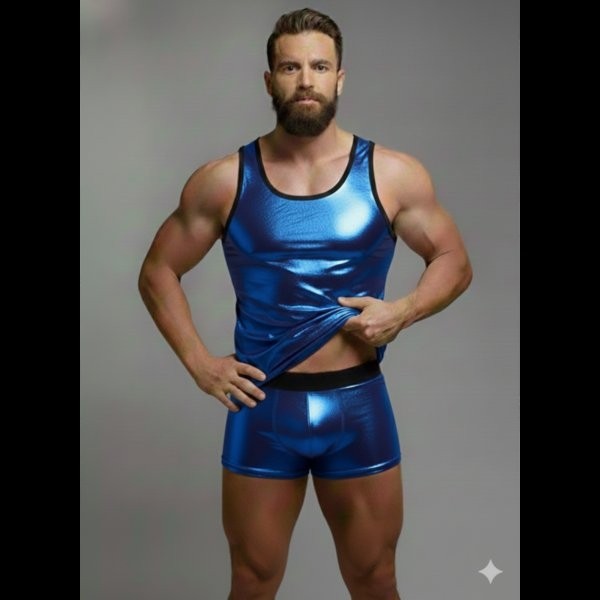 Melonika Erkek Mavi Lame Tank Top Boxer Takım
