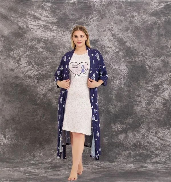 Ang Butik Büyük Beden Sweet Dreams Yazılı Desenli 2'li Viskon Gecelik Sabahlık Takımı