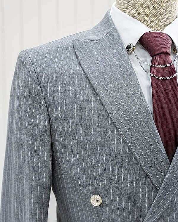 Beystil Sivri Yaka Gri Çizgili Kruvaze Takım Elbise Togo - Slim Fit görsel 4