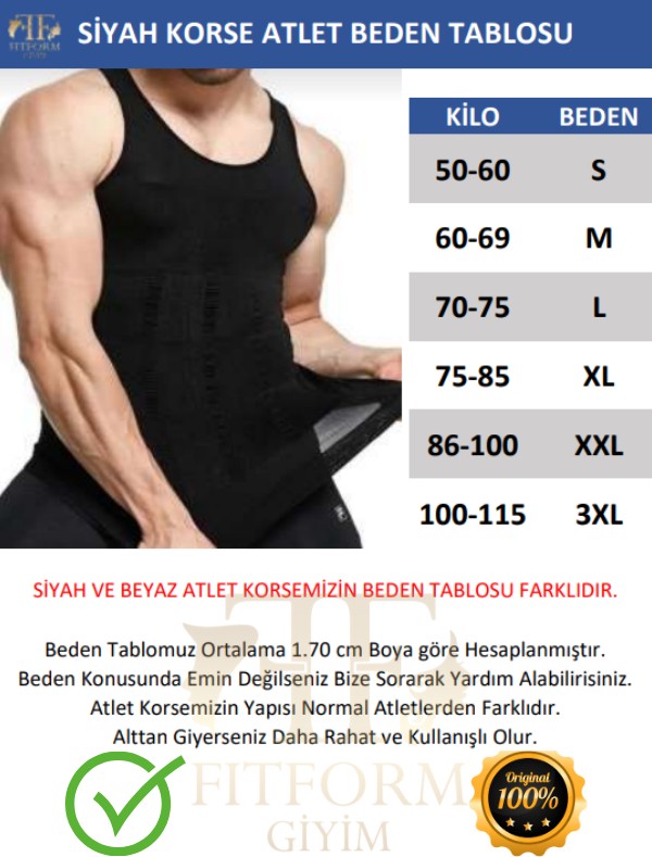 Fitform Giyim Erkek Atlet Korse Bel Göğüs Göbek Toparlayıcı Siyah Korse görsel 4