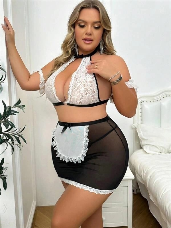 Vip Marketim Vipmarketim Özel Tasarım Büyük Beden Dantelli Fantezi Hizmetçi Kostümü görsel 2