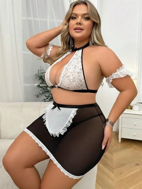 Vip Marketim Vipmarketim Özel Tasarım Büyük Beden Dantelli Fantezi Hizmetçi Kostümü görsel 3