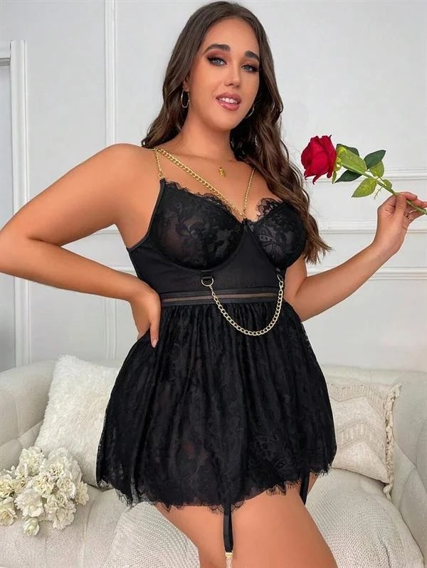 Aesco Arias Closet Özel Tasarım Büyük Beden Fantezi Zincir Detaylı Dantelli Gecelik görsel 2