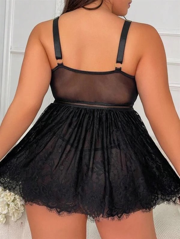Aesco Arias Closet Özel Tasarım Büyük Beden Fantezi Zincir Detaylı Dantelli Gecelik görsel 4