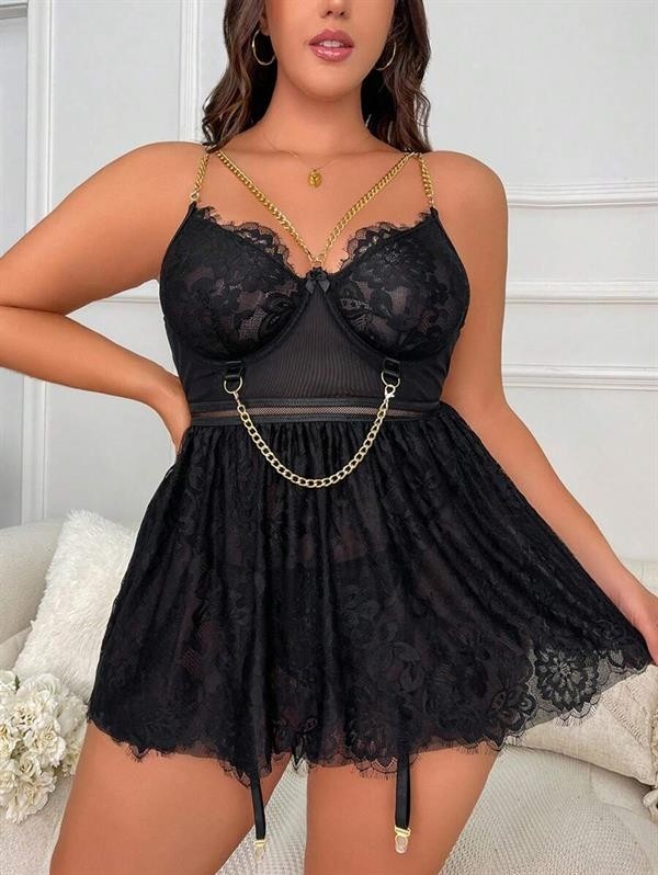 Aesco Arias Closet Özel Tasarım Büyük Beden Fantezi Zincir Detaylı Dantelli Gecelik görsel 5