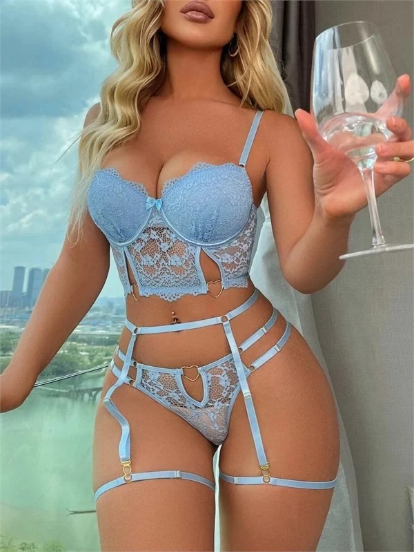 Aria's Closet Mavi Dantelli Jartiyer Fantezi Seksi Büstiyer Takımı görsel 5