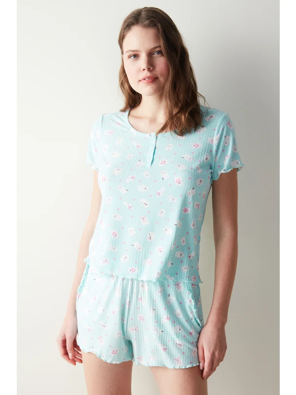 Penti Cuteness Desenli Mint Yeşili Tişört Pijama Üstü
