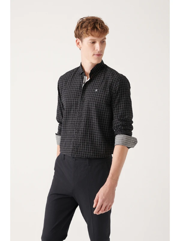 Avva Erkek Siyah Seersucker Pamuklu Ekose Desenli Slim Fit Dar Kesim Gömlek A31y2214