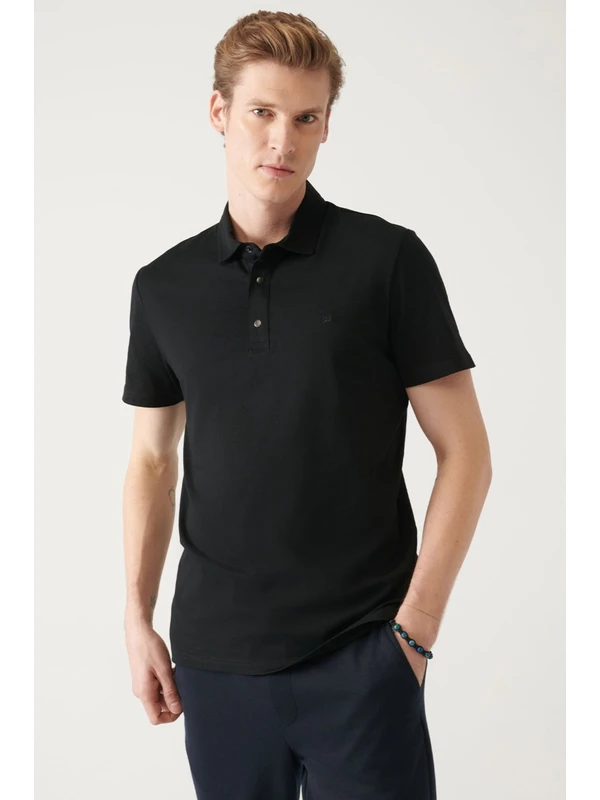 Avva Erkek Siyah %100 Pamuk Örme Regular Fit 3 Çıt Çıtlı Polo Yaka T-shirt E001033