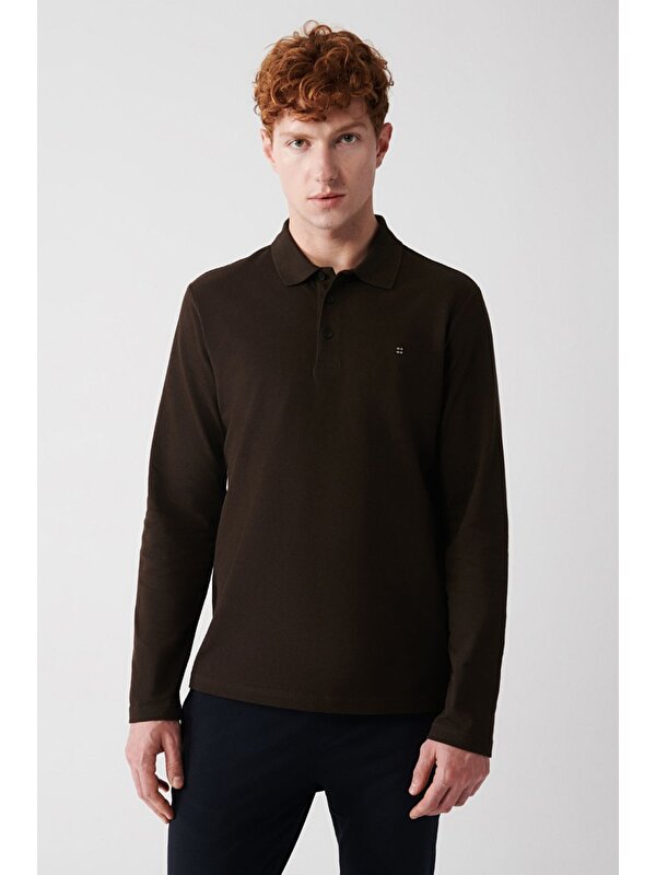 Avva Erkek Kahverengi Sweatshirt 3 Düğmeli Polo Yaka %100 Pamuk Basic Regular Fit E001003