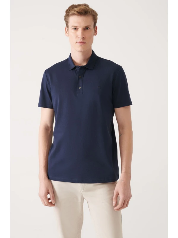 Avva Erkek Lacivert %100 Pamuk Örme Regular Fit 3 Çıt Çıtlı Polo Yaka T-shirt E001033