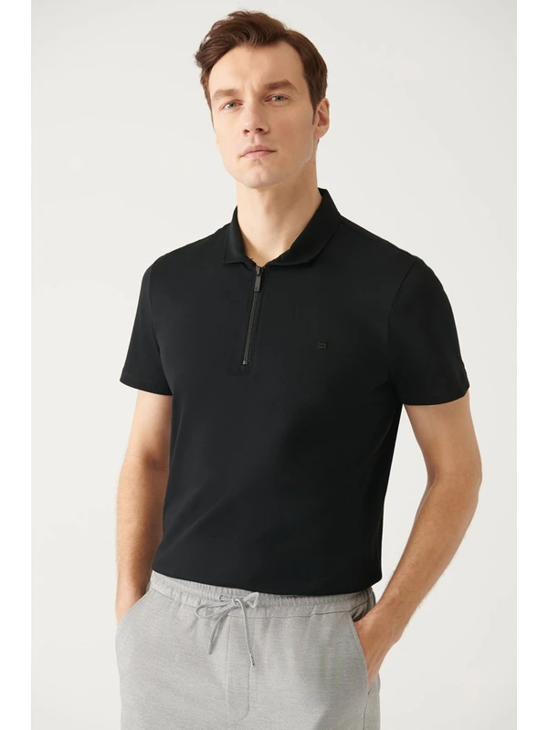 Avva Erkek Siyah %100 Pamuk Fermuarlı Regular Fit Polo Yaka T-shirt E001034