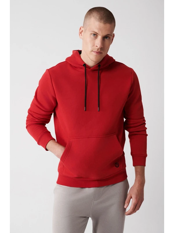 Avva Kırmızı Unisex Sweatshirt Kapüşonlu Yaka Içi Polarlı 3 Iplik Pamuklu Regular Fit E001018