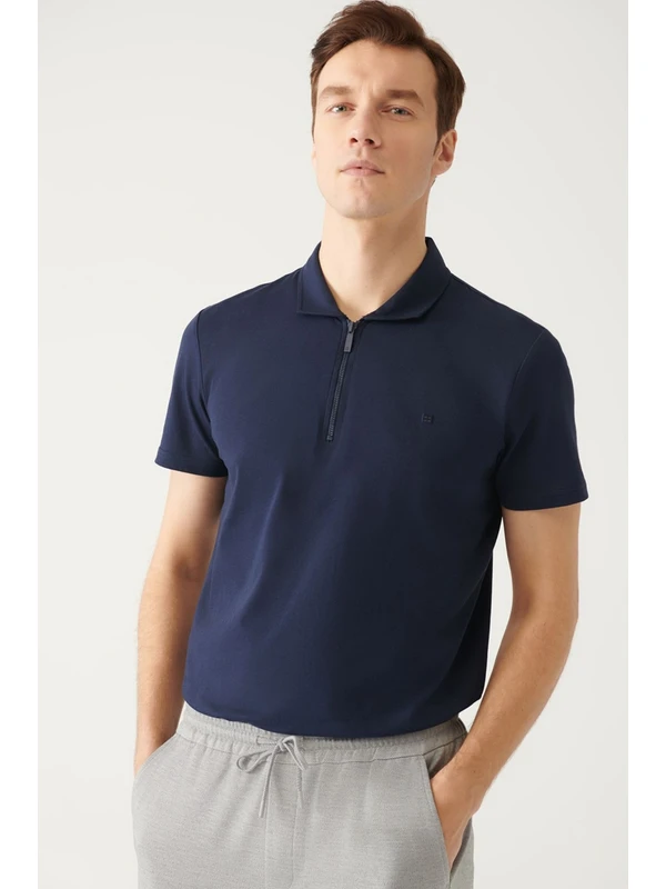 Avva Erkek Lacivert %100 Pamuk Fermuarlı Regular Fit Polo Yaka T-shirt E001034
