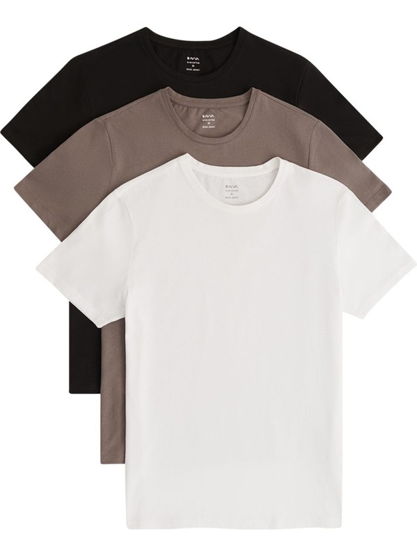 Avva Erkek Siyah Beyaz Antrasit 3'lü %100 Pamuk Bisiklet Yaka Standart Fit Normal Kesim T-shirt E001010