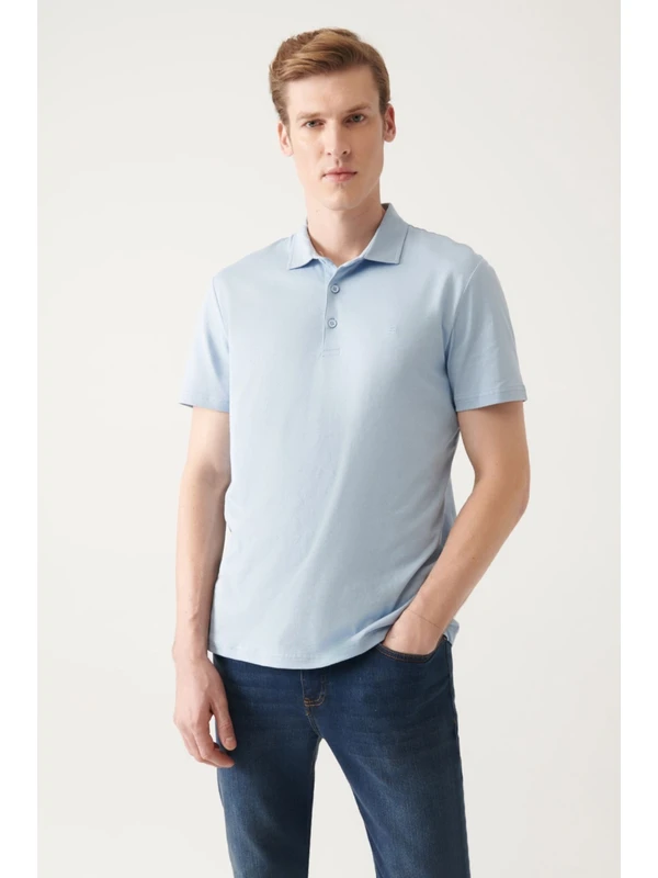Avva Erkek Açık Mavi %100 Pamuk Regular Fit 3 Düğmeli Kıvrılmaz Polo Yaka T-shirt E001035