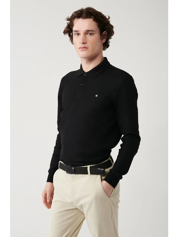 Avva Erkek Siyah Sweatshirt 2 Düğmeli Polo Yaka Pamuklu Slim Fit B001080