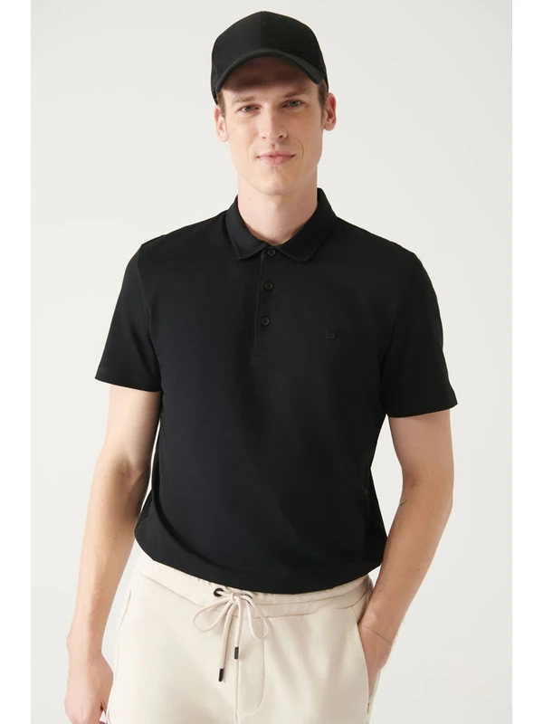 Avva Erkek Siyah %100 Pamuk Regular Fit 3 Düğmeli Kıvrılmaz Polo Yaka T-shirt E001035