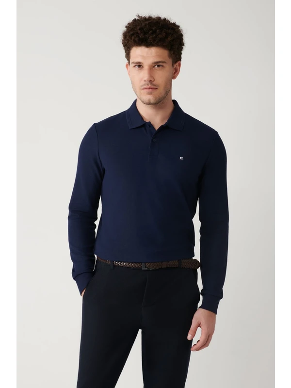 Avva Erkek Lacivert Sweatshirt 2 Düğmeli Polo Yaka Pamuklu Slim Fit B001080
