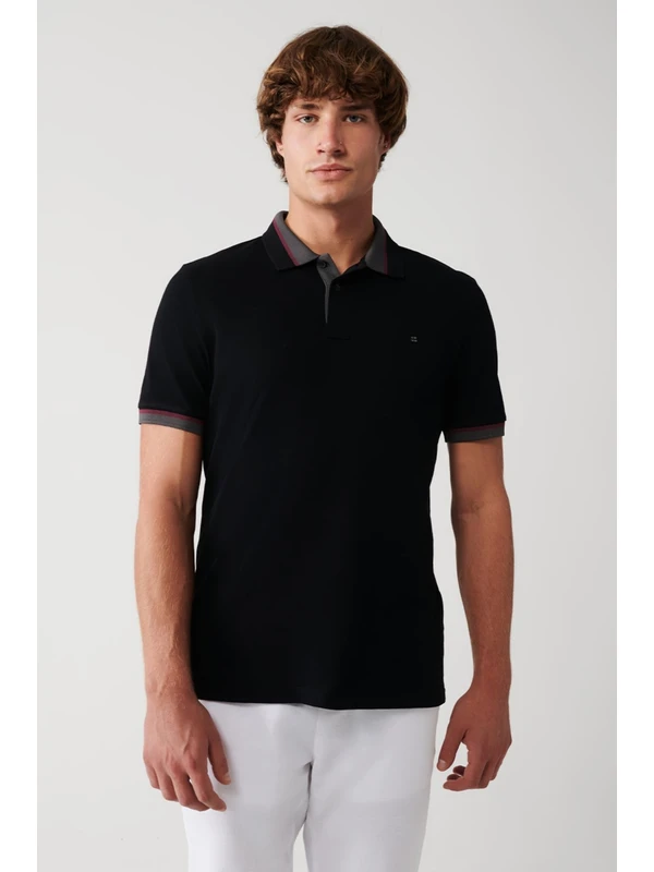 Avva Erkek Siyah Yakası Çizgili %100 Pamuk Regular Fit 2 Düğmeli Polo Yaka T-shirt E001036
