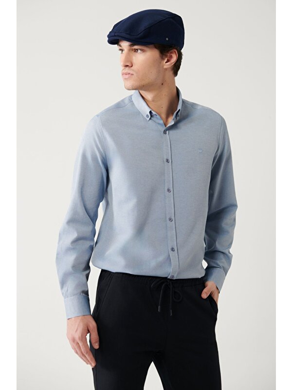 Avva Erkek Koyu Mavi Düğmeli Yaka Kolay Ütülenebilir Oxford Pamuklu Regular Fit Gömlek E002000