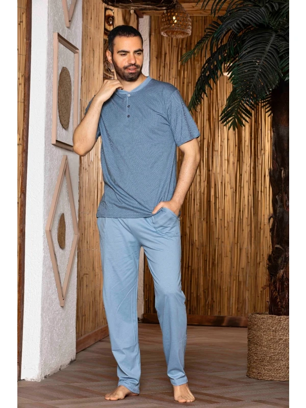 Eyfuze Erkek Yakası Düğmeli Cepli Kısa Kollu Örme Penye Pijama Takımı