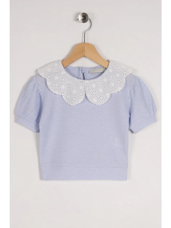 Zepkids Bebe Yaka Kısa Kol Bebe Yaka Dantellı Mını Karelı Mavi Renk Kız Çocuk Tshirt