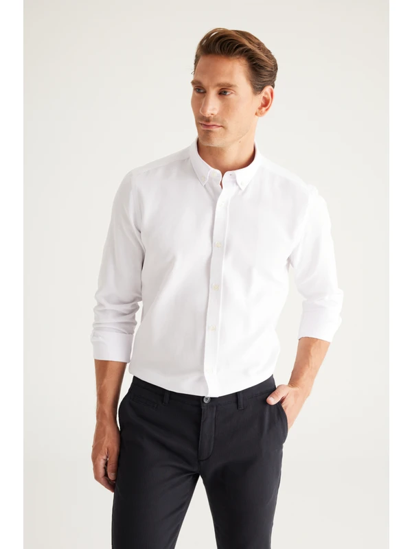 AC&Co / Altınyıldız Classics Erkek Beyaz Düğmeli Yaka Pamuklu Slim Fit Dar Kesim Oxford Gömlek
