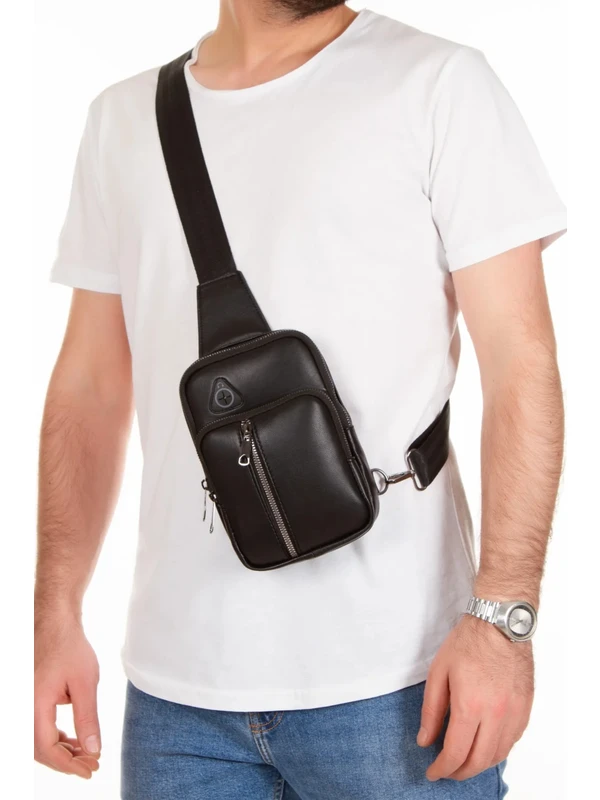Tuldar Erkek Siyah Deri Telefon Cüzdan Bölmeli USB Kulaklık Çıkışlı Çapraz Göğüs ve Omuz Çantası tul010-t