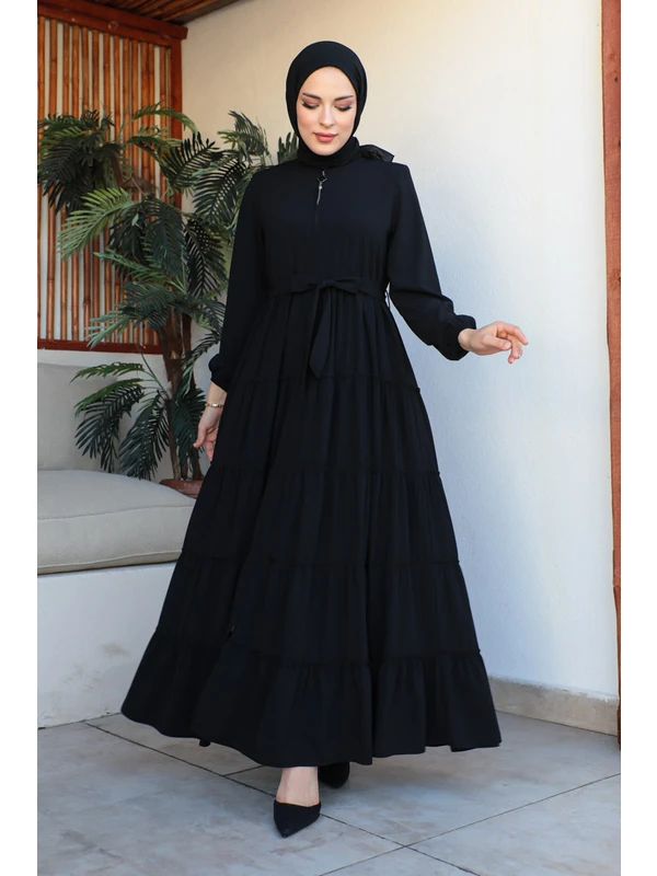 Kadeem Giyim 5 Katlı Eteği Büzgülü Medine Ipeğ Iyazlık Ferace-Siyah