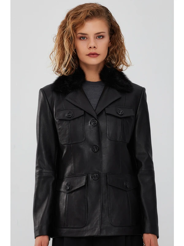 Derimod Anais Kadın Siyah Yakası Kürklü Blazer Deri Ceket