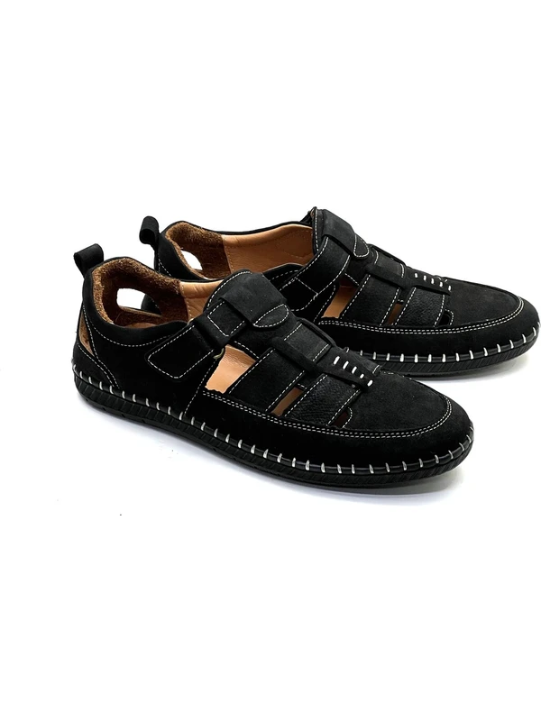 Grado Hakiki Iç-Dış Deri Erkek Günlük Confort Sandalet Tabana Dikişli Siyah Renk 1253