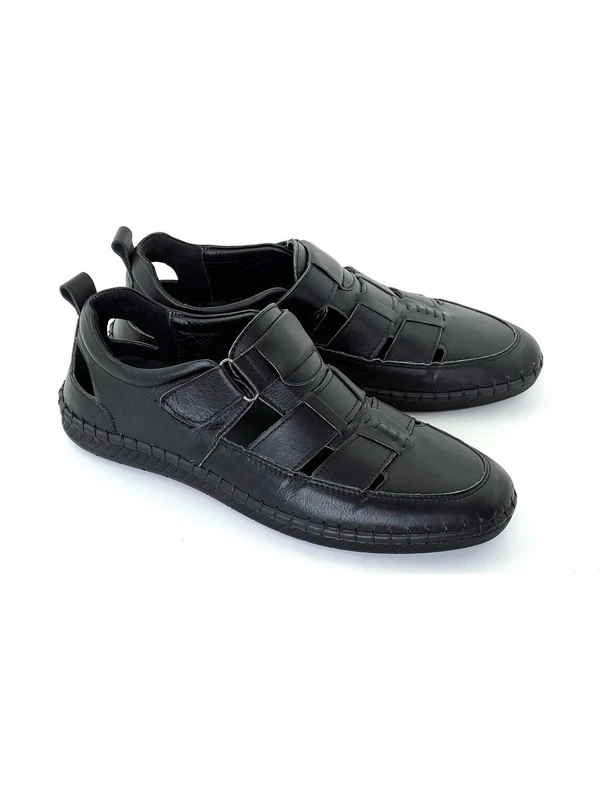 Grado Hakiki Iç-Dış Deri Erkek Günlük Confort Sandalet Tabana Dikişli Parlak Siyah Renk 1253