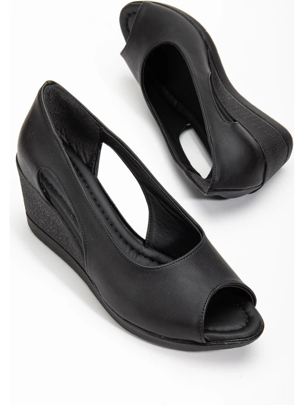 Dilimler Ayakkabı Dolgu Taban Burun Açık Pencereli Ortopedik Suni Deri Siyah Kadın Dolgu Topuk Ayakkabı