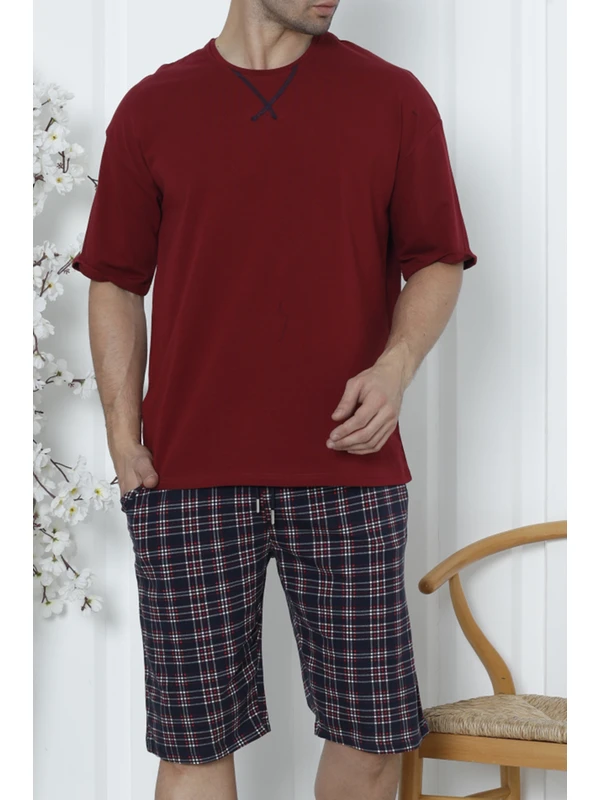 Tom John Erkek Şortlu Bermuda Pijama Takımı Kısa Kollu Cepli Pamuk Ekose Bordo